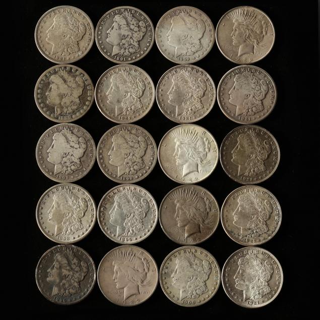 sixteen-morgan-and-four-peace-silver-dollars