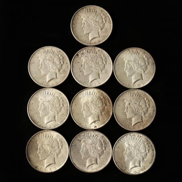 five-1922-and-five-1923-peace-silver-dollars