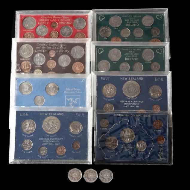 eight-uk-irish-decimal-coin-sets-plus-three-cased-50-new-pence