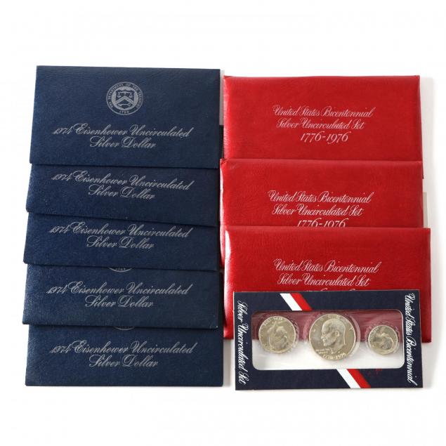 three-1976-bicentennial-silver-sets-and-five-1974-eisenhower-silver-dollars