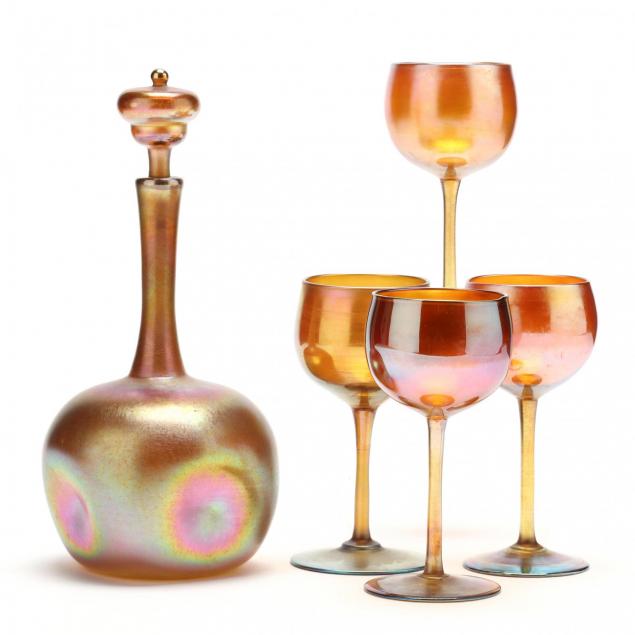 l-c-tiffany-favrile-decanter-and-four-glasses