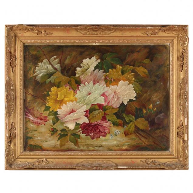 a-victorian-still-life-painting-of-flowers-on-a-mossy-bank