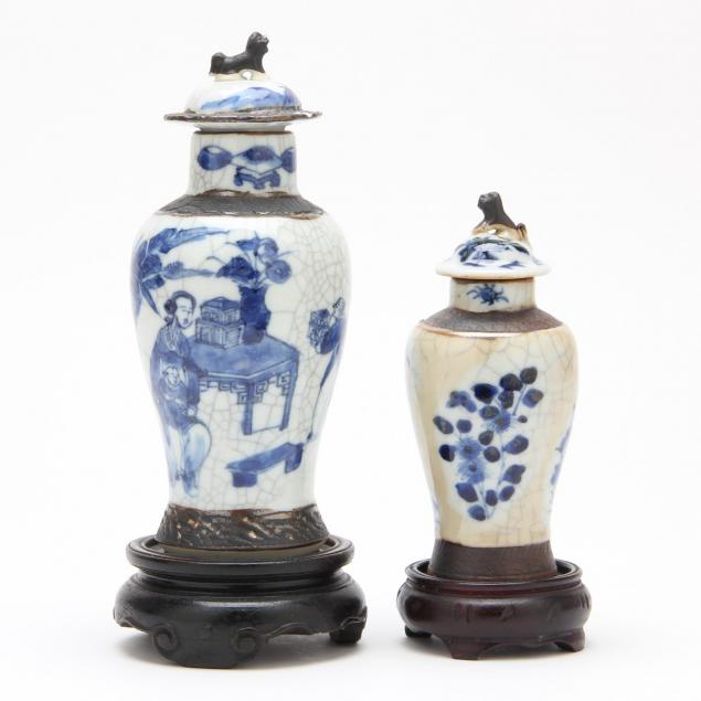 two-chinese-blue-and-white-crackle-glaze-lidded-urns