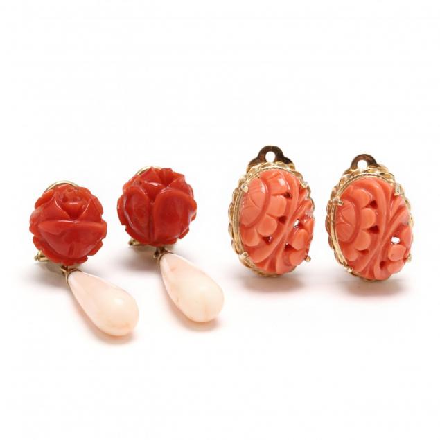 two-pairs-of-vintage-gold-and-coral-earrings