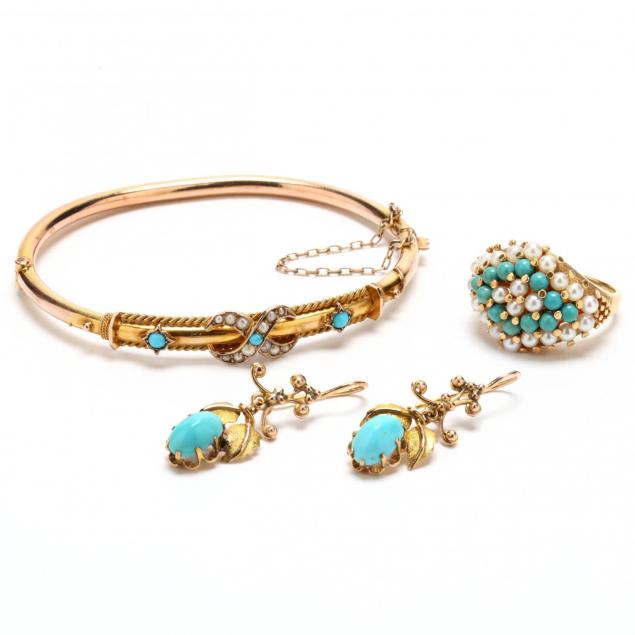 three-vintage-gold-and-turquoise-jewelry-items