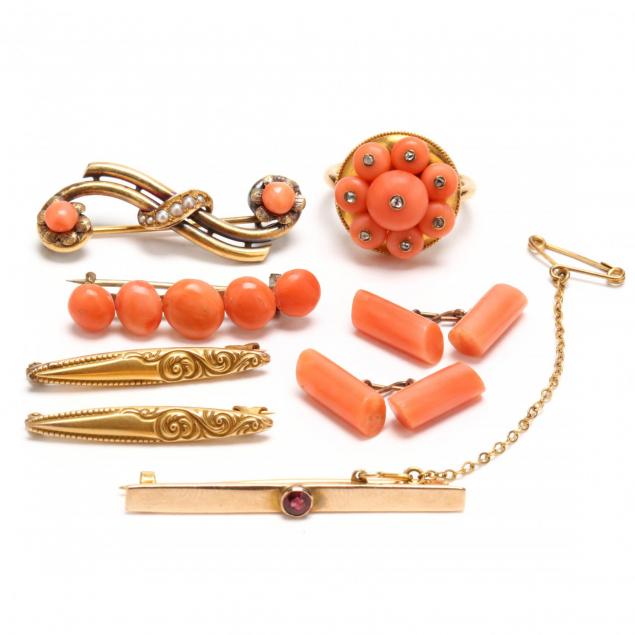 antique-coral-jewelry-items-and-three-gold-bar-pins