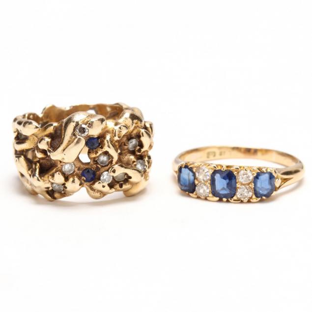 two-vintage-gold-sapphire-and-diamond-rings