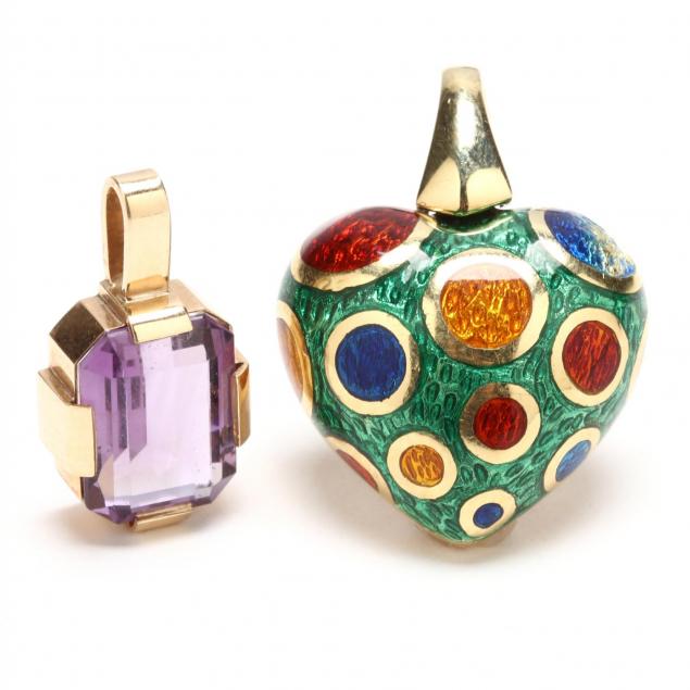 18kt-gold-and-enamel-pendant-and-a-14kt-amethyst-pendant