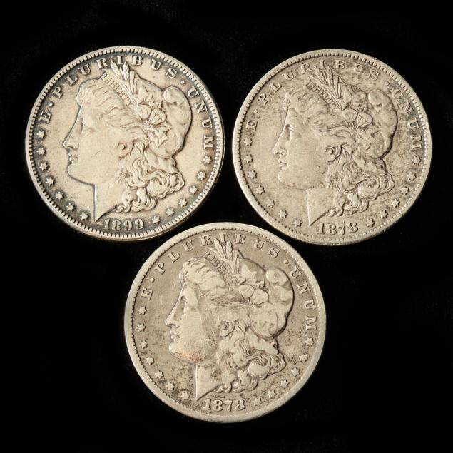 two-1878-cc-morgan-silver-dollars-and-an-1899-o-morgan-silver-dollar