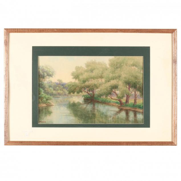 american-school-watercolor-of-a-lake-in-summer