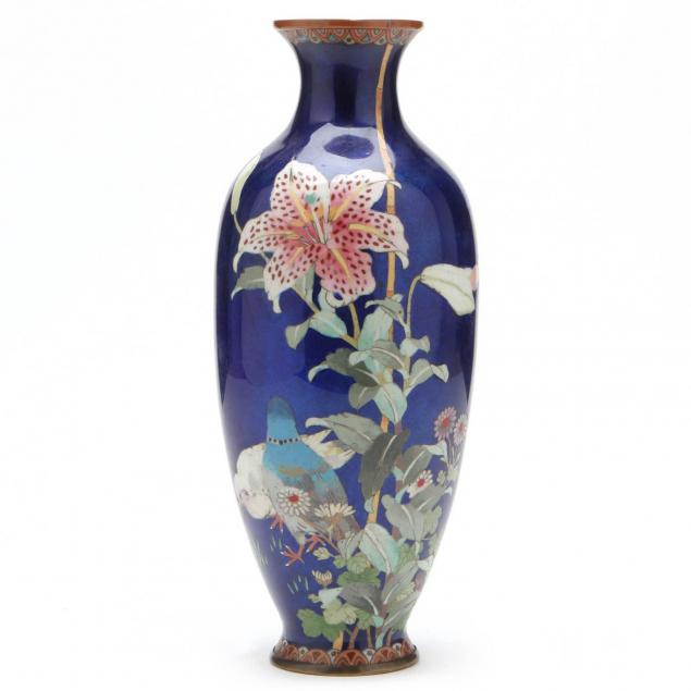 a-sapphire-blue-cloisonne-vase-with-lilies-and-birds