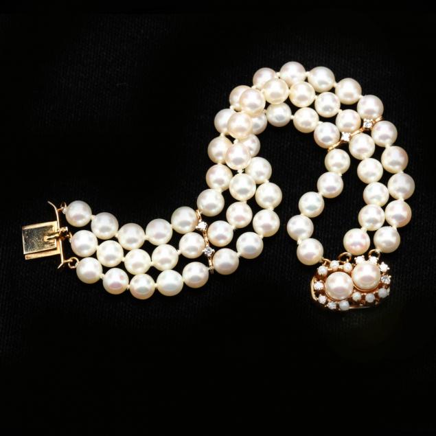 14kt-triple-strand-pearl-and-diamond-bracelet