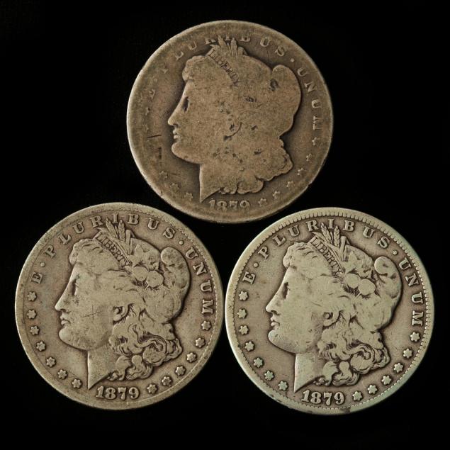 three-1879-cc-morgan-silver-dollars