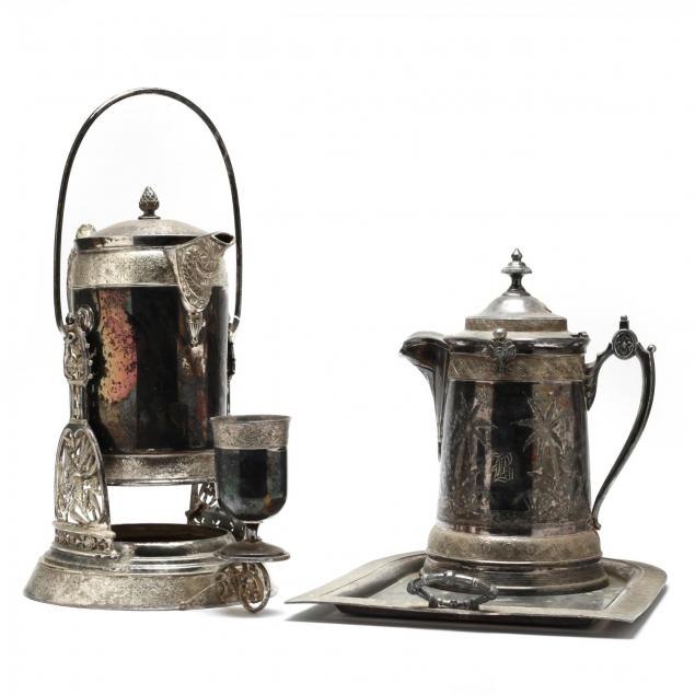 two-antique-silverplate-ice-water-pitchers-on-stands