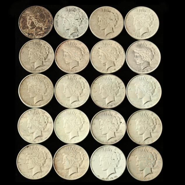 twenty-mixed-date-mint-peace-silver-dollars-with-traces-of-pvc