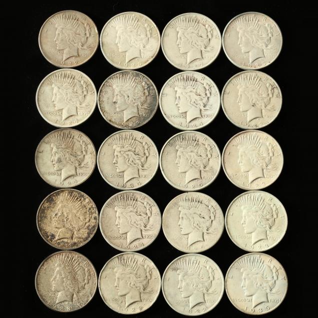 twenty-mixed-date-mint-peace-silver-dollars-with-traces-of-pvc