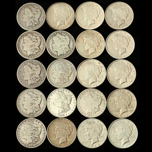 twenty-mixed-date-mint-peace-and-morgan-silver-dollars-with-traces-of-pvc