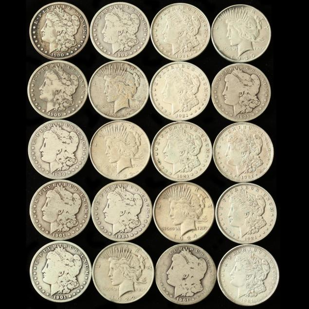 twenty-mixed-date-mint-peace-and-morgan-silver-dollars-with-traces-of-pvc