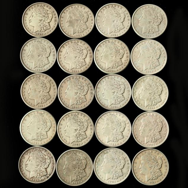 twenty-1921-dated-morgan-silver-dollars-with-traces-of-pvc