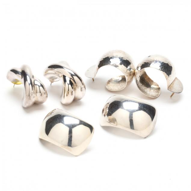 three-pairs-of-sterling-silver-earrings