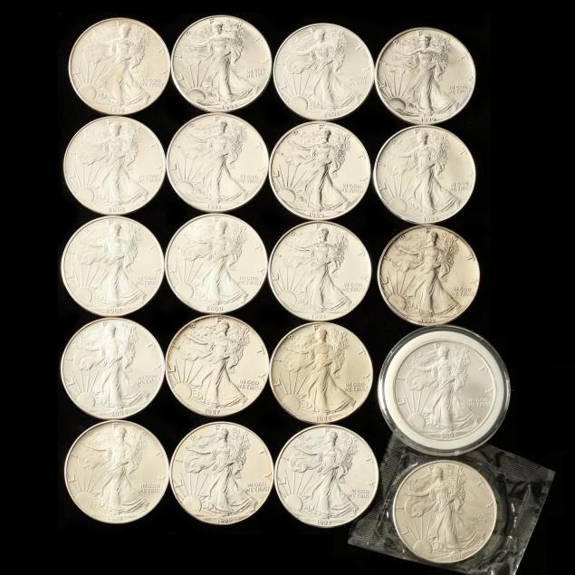 twenty-different-bu-1-american-silver-eagles