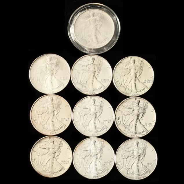 ten-different-bu-1-american-silver-eagles