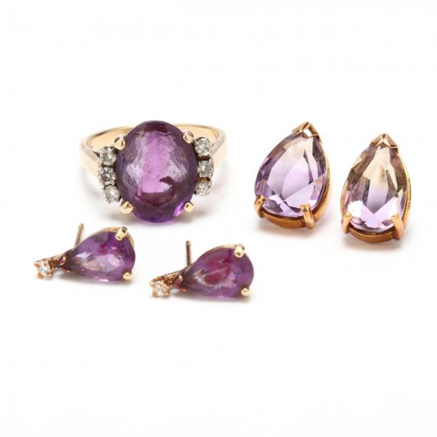 14kt-amethyst-and-diamond-ring-and-two-pairs-of-amethyst-earrings