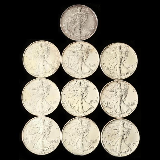 ten-different-bu-1-american-silver-eagles