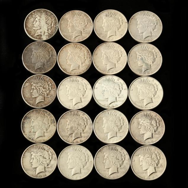twenty-circulated-mixed-date-mint-peace-silver-dollars