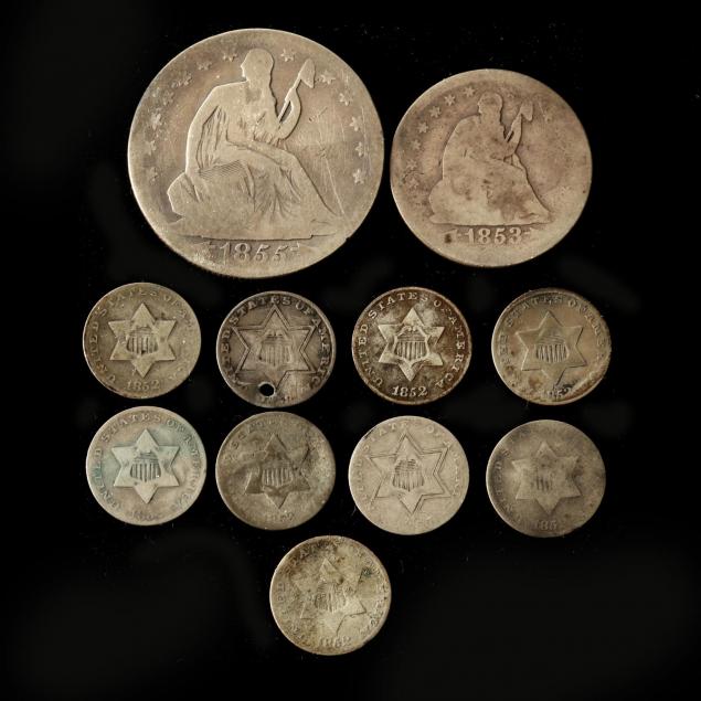 eleven-worn-1850s-silver-coins