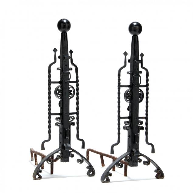 oversized-pair-of-arts-and-crafts-wrought-iron-andirons