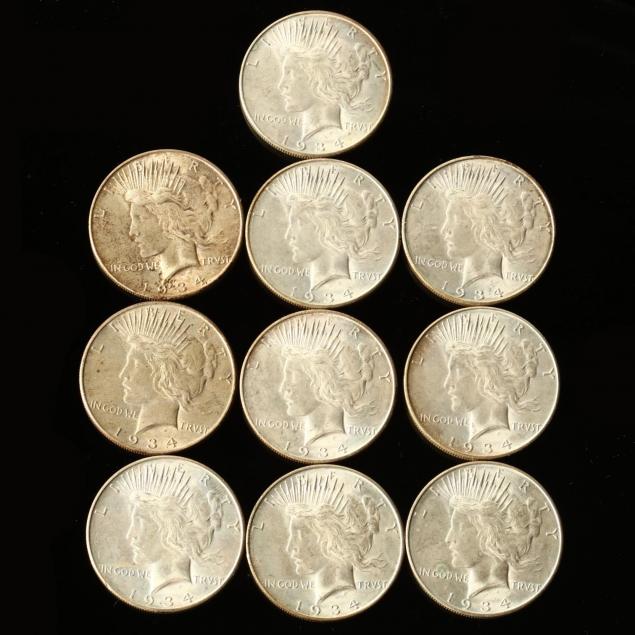 ten-high-grade-1934-d-peace-silver-dollars