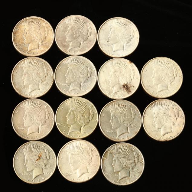 fourteen-lightly-circulated-peace-silver-dollars