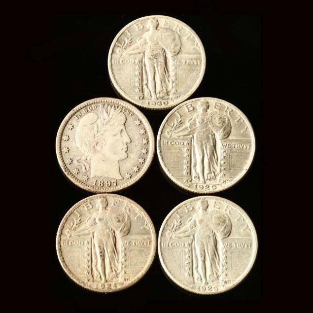 one-barber-quarter-and-four-standing-liberty-quarters