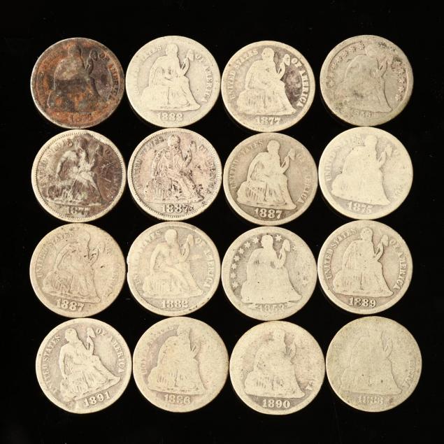 sixteen-heavily-circulated-liberty-seated-dimes