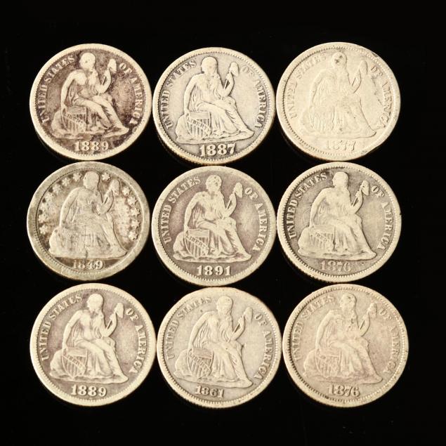 nine-liberty-seated-dimes-various-mints-including-two-ccs