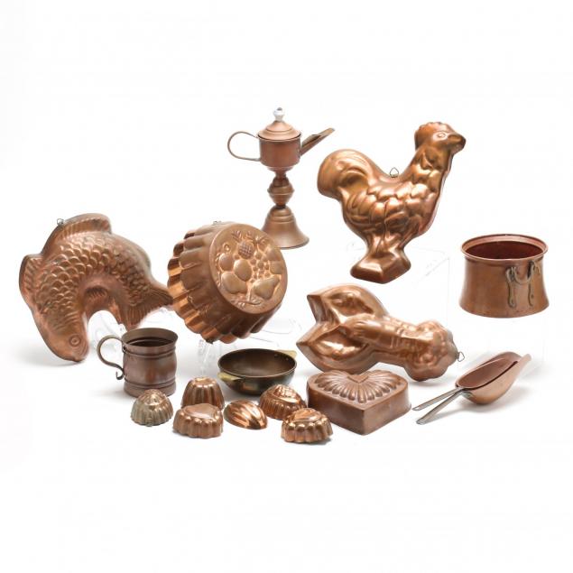 group-of-vintage-copper-decorative-kitchen-molds-and-accessories