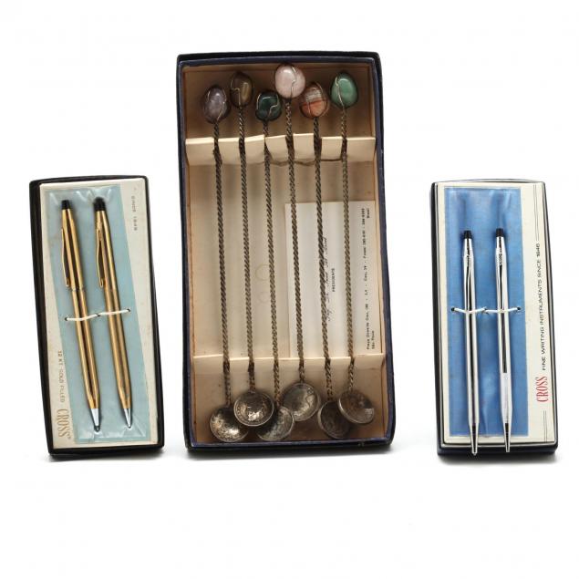 two-sets-of-cross-pens-and-silver-stirrers
