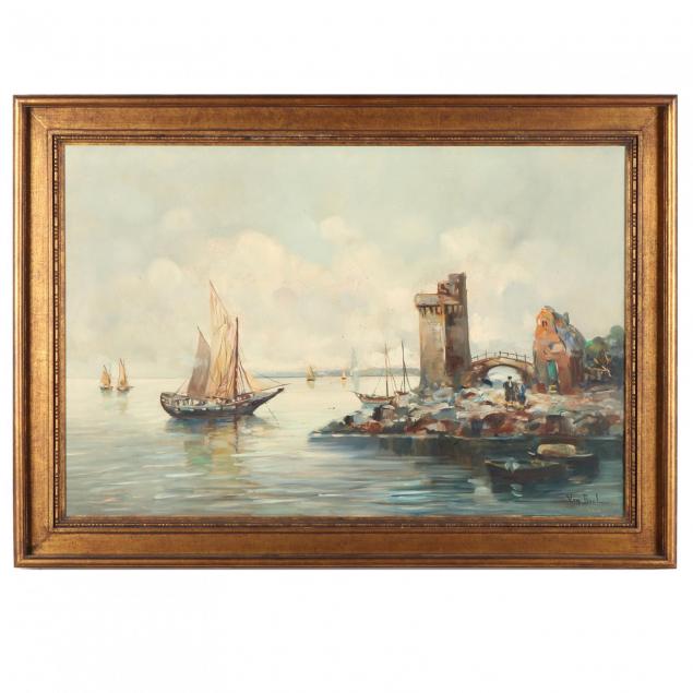 vintage-painting-of-a-continental-harbor-scene