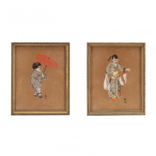 a-pair-of-vintage-japonesque-pastel-drawings