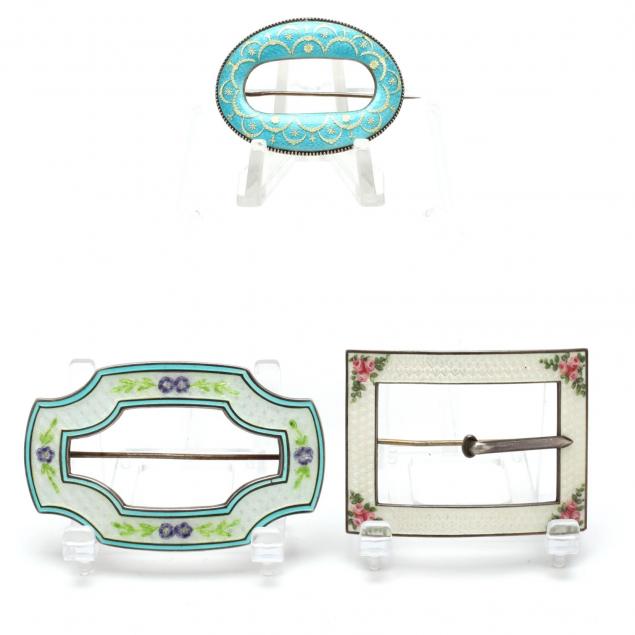 three-guilloche-enameled-sterling-silver-buckle-brooches