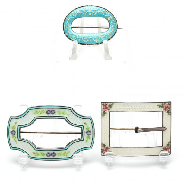 three-guilloche-enameled-sterling-silver-buckle-brooches