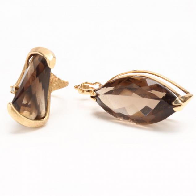 two-14kt-gold-and-smoky-quartz-jewelry-items