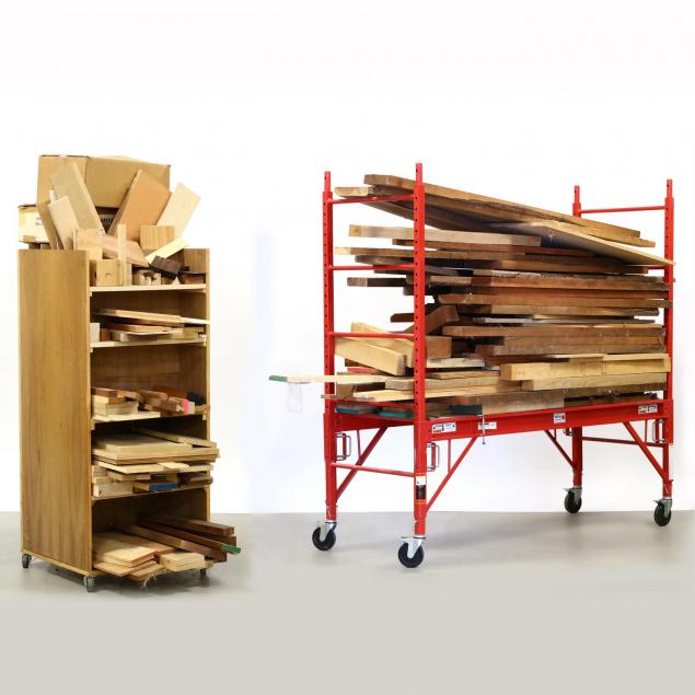 group-of-exotic-and-hardwood-boards-and-scrap-bin-with-assorted-wood