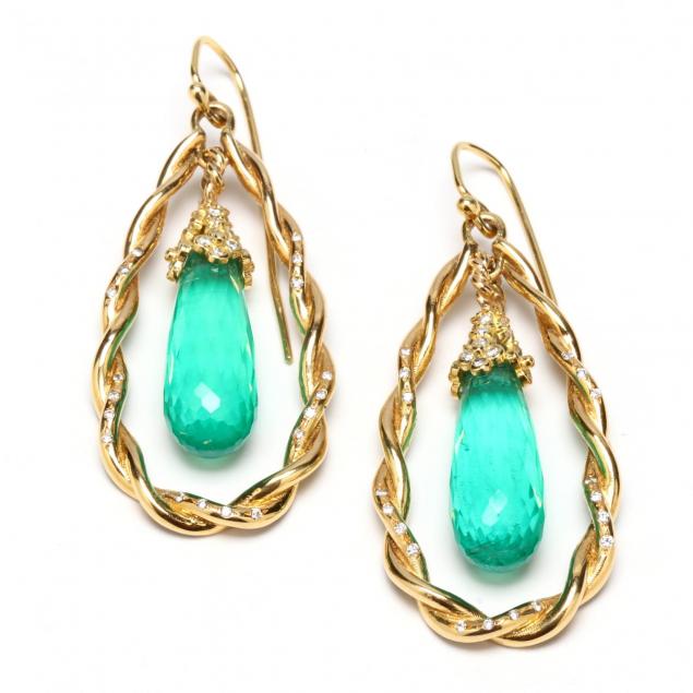 pair-of-18kt-gold-synthetic-emerald-and-diamond-pendant-earrings