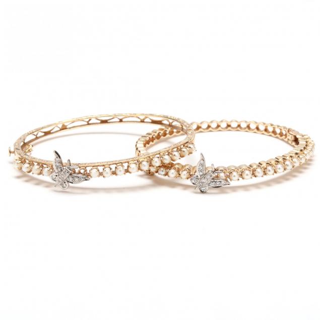 near-pair-14kt-gold-pearl-and-diamond-bracelets