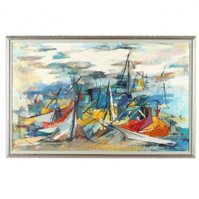 a-mid-century-modern-colorful-painting-of-ships-in-the-harbor