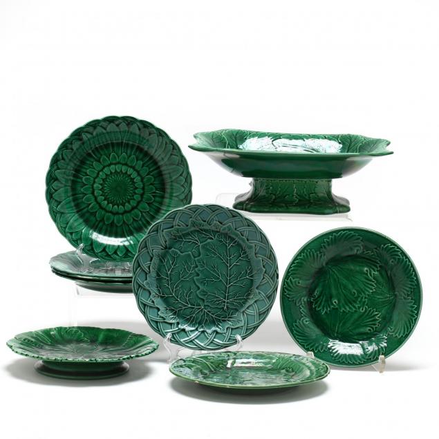 group-of-antique-green-leaf-majolica-including-wedgwood