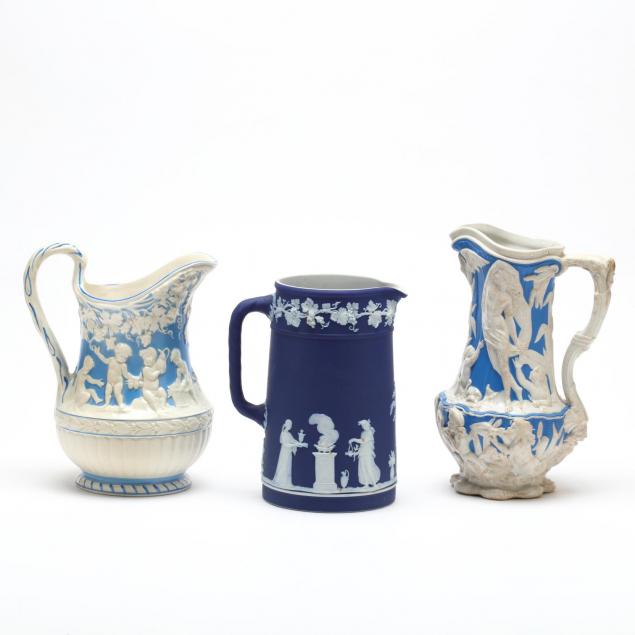 three-antique-blue-white-jasperware-pitchers