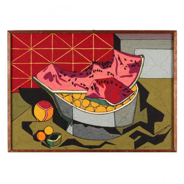 mid-century-yarn-painting-still-life-with-watermelon